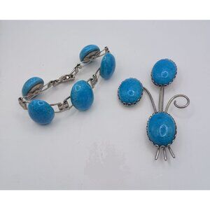 Vintage Turquoise Blue Cabochon Glass Set Bracelet Floral Spray Brooch